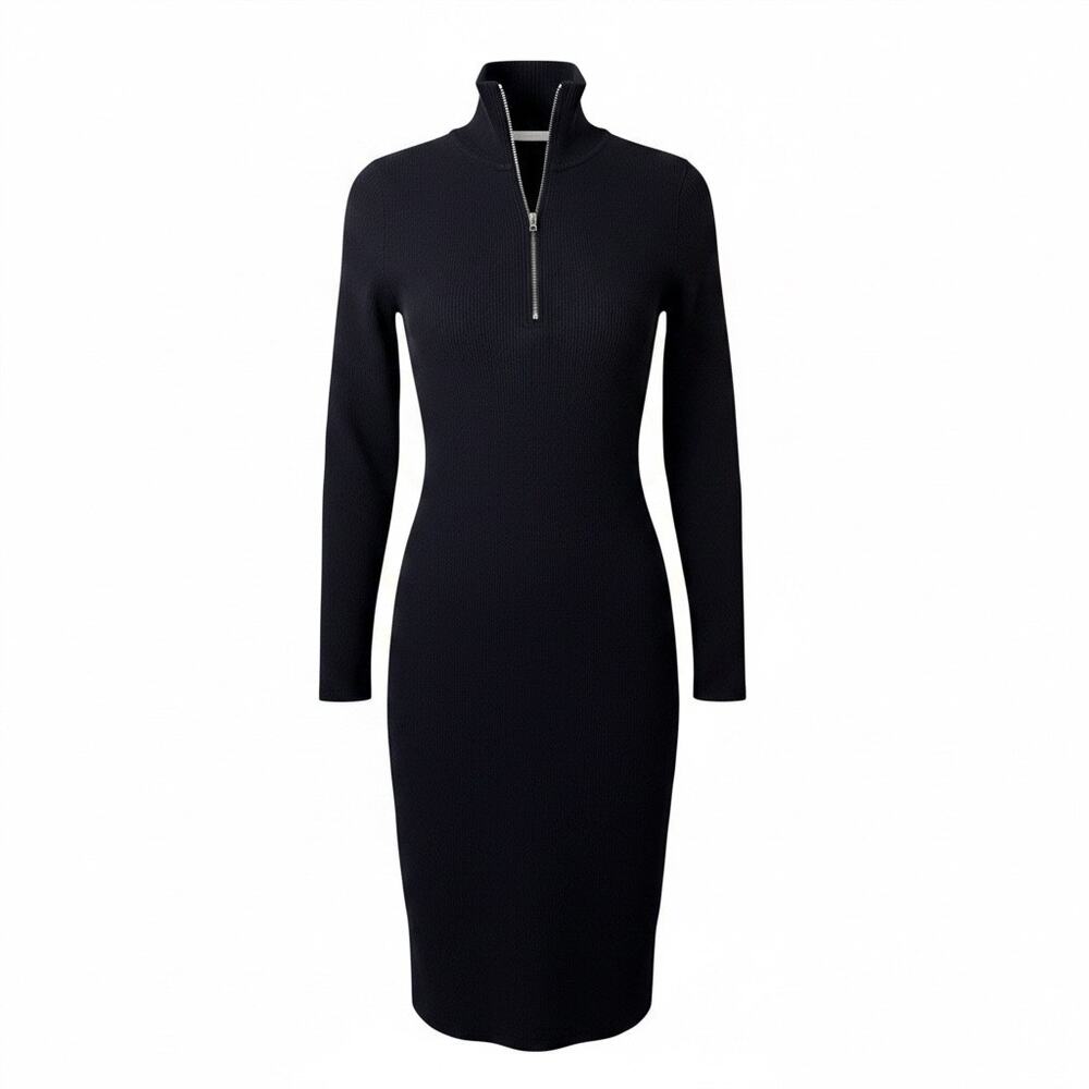 Rag & Bone Laila Zip Rib Knit Midi Dress Black Long Sleeve Bodycon Size S